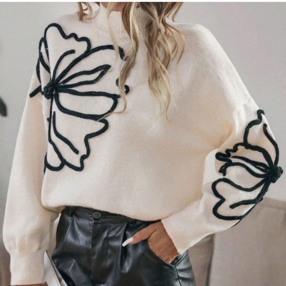 Women's Cream Sweater with Black Floral Pattern
